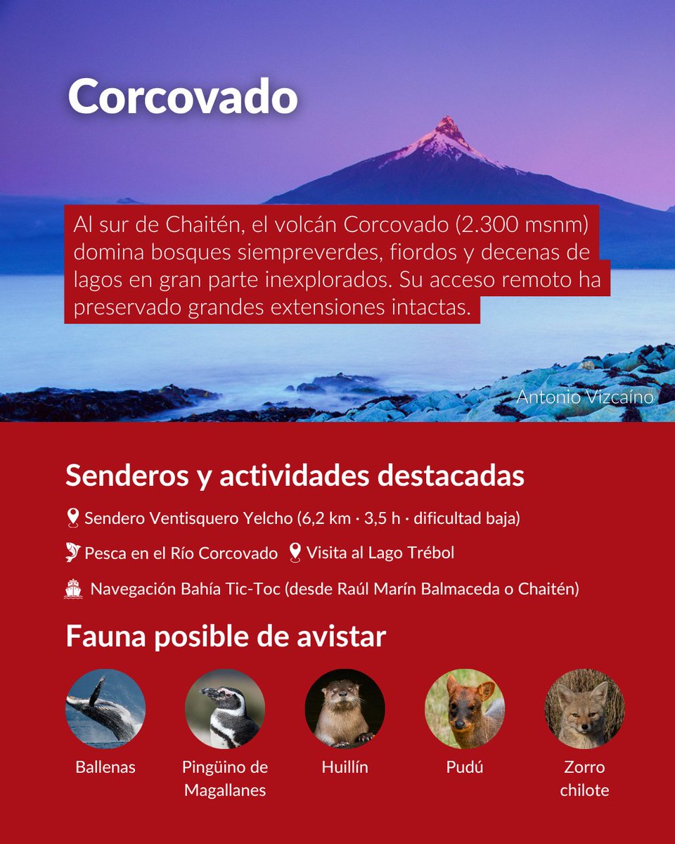 RutadeParques's tweet photo. Más al sur, Corcovado resguarda algunos de los paisajes más remotos de la Ruta, con Chaitén y el valle del Yelcho como puertas de entrada a este territorio de volcanes, lagos y fiordos. https://t.co/SrAQbWYT98