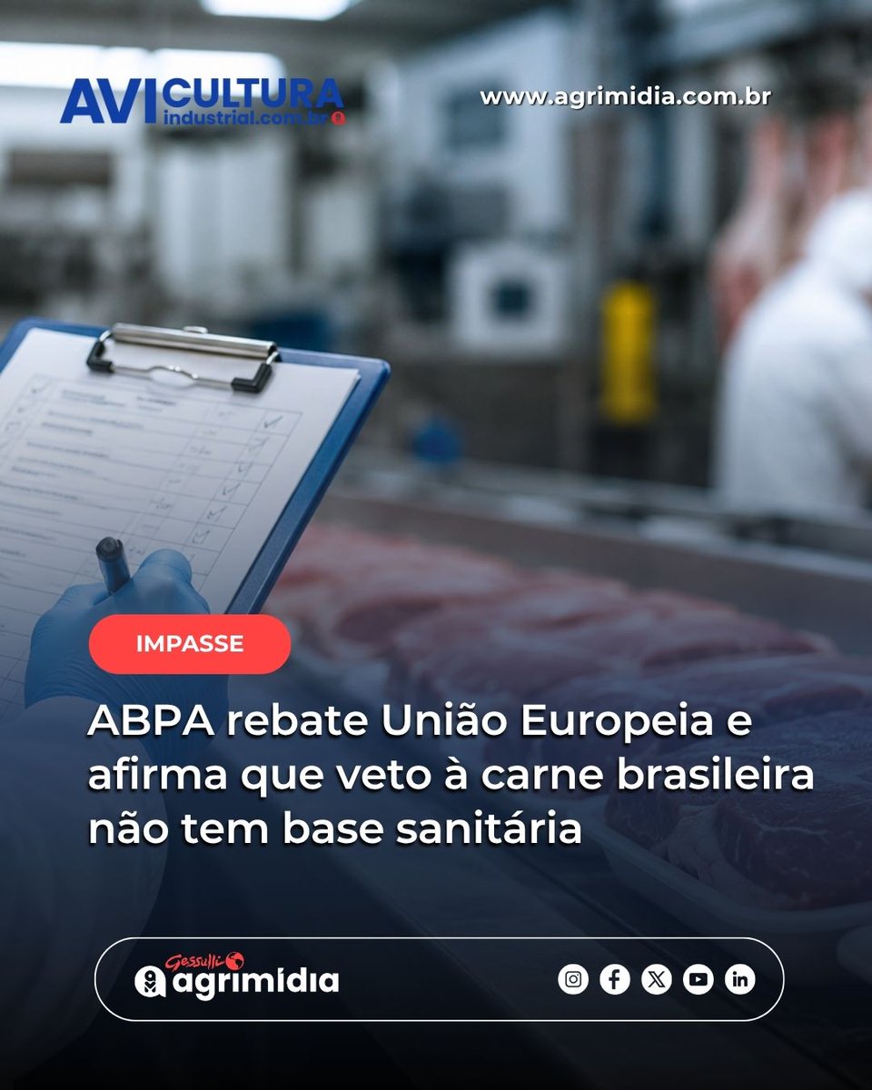 gessulli's tweet photo. 🚨 ABPA rebate União Europeia e afirma que veto à carne brasileira não tem base sanitária. Segundo a entidade, a decisão envolve critérios de reconhecimento dos sistemas de fiscalização, não a qualidade da produção.

Leia mais: https://t.co/jmZJCLEkWd https://t.co/QCgOv57rb8