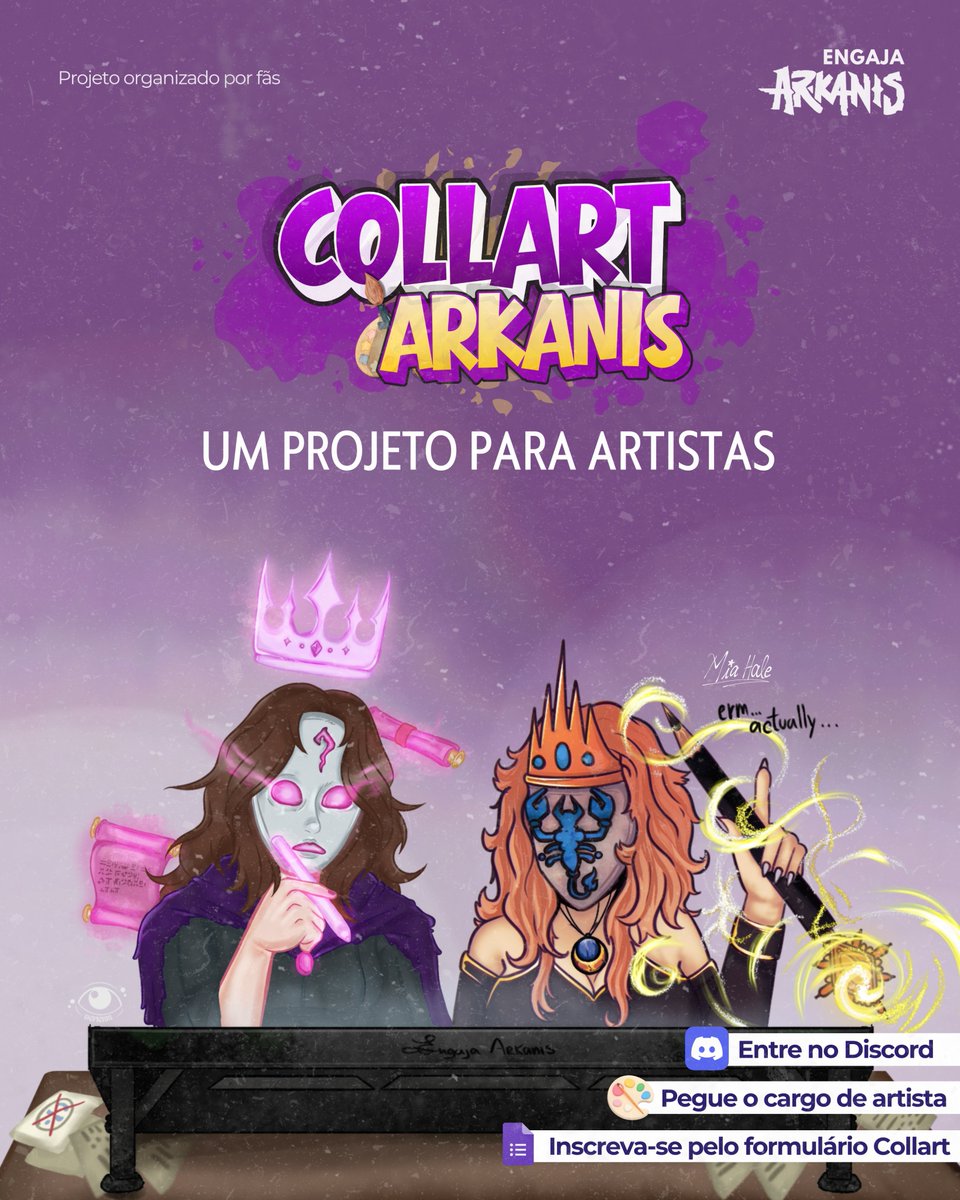 EngajaArkanis's tweet photo. COLLART ARKANIS! 💜

Queremos reunir os artistas da comunidade em uma grande homenagem a #Arkanis!

O projeto COLLART ARKANIS consiste em uma collab gigante, onde cada artista ficará responsável por desenhar um personagem da série. Ao final, todas as artes serão reunidas em uma única composição, criando uma grande obra feita pela comunidade ✨

Quer participar?
🎨 Entre no nosso Discord
🎨 Pegue o cargo de artista
🎨 Preencha o formulário do COLLART
🎨 Aguarde nosso contato

Arte feita por: @DEP1ERR1  e @Mia_A_Hale