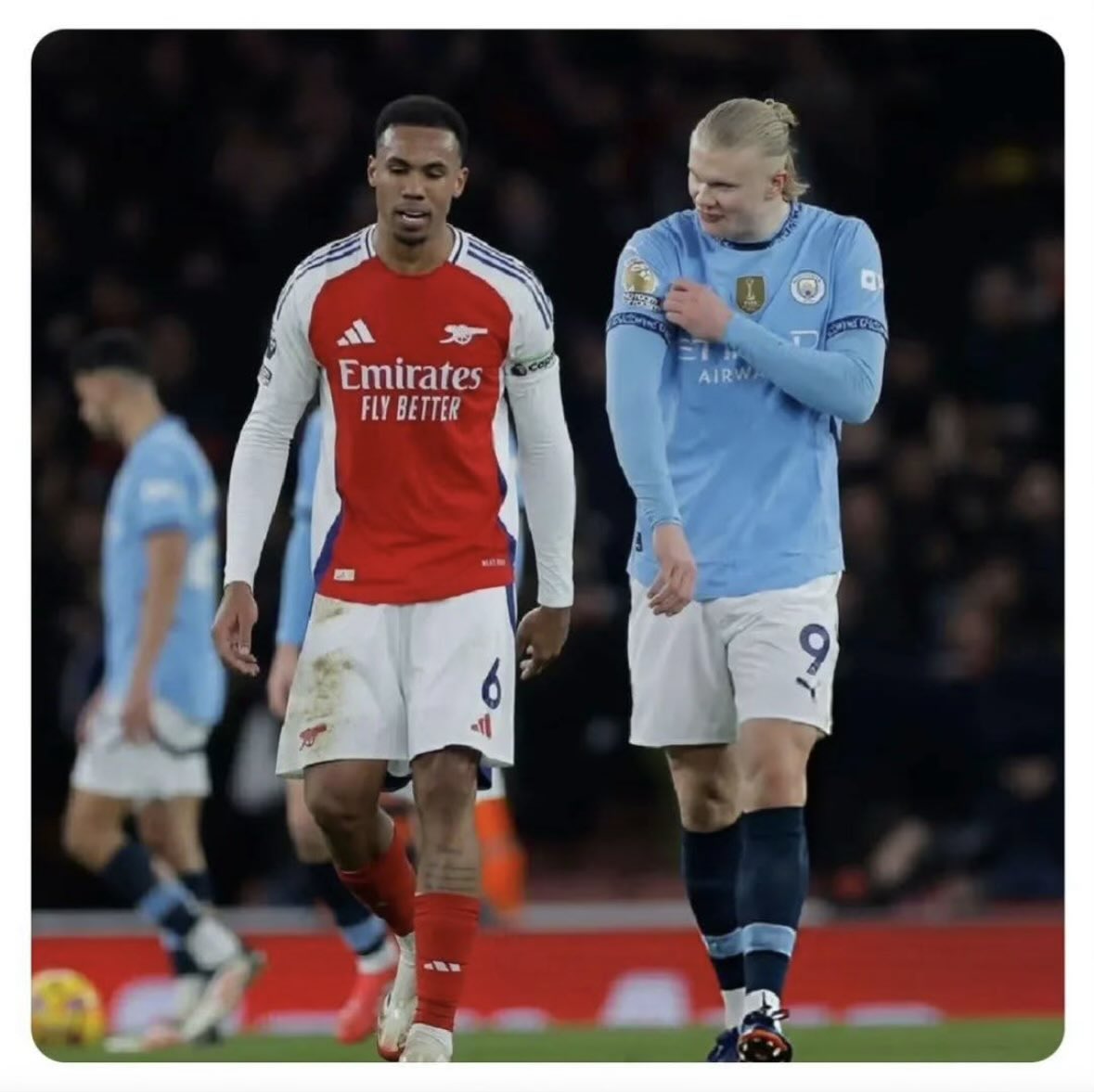 thebottomcorna's tweet photo. Haaland was showing Gabriel he is Premier league champion. The media kept quiet at his arrogance.

And there are many instances of Haaland being purely a nuisance to Arsenal players and coaching staff.

Everyone kept quiet.

Watch the media finding their voices the moment Arsenal players reciprocate.