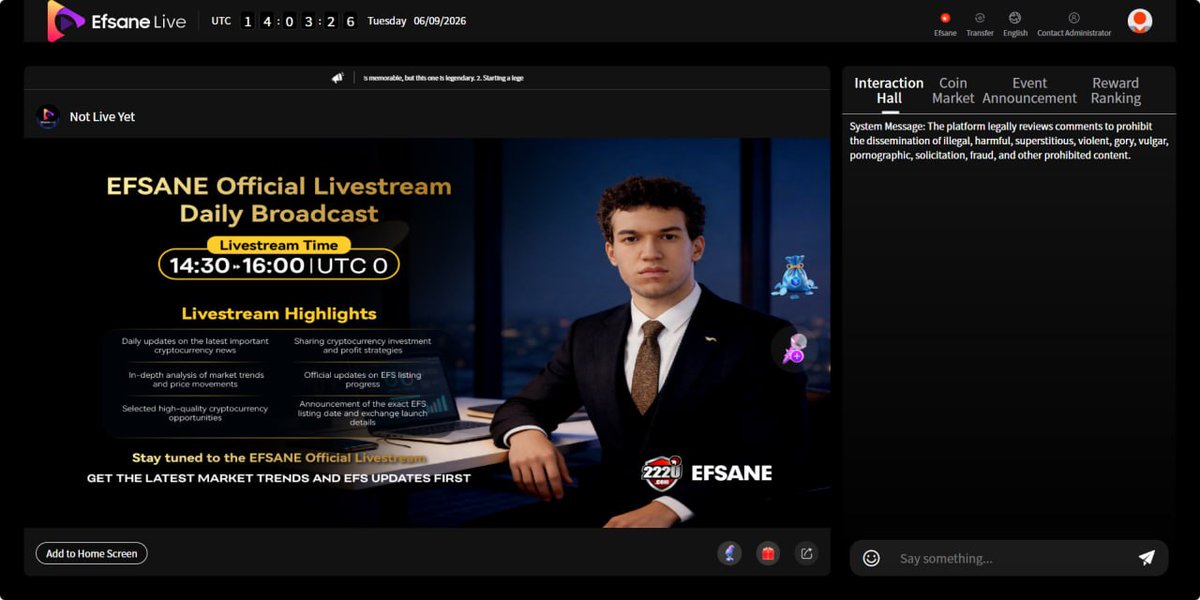 EFSANEGlobal's tweet photo. 📢 Dear EFSANE Users,

There are only 20 minutes left before today's live broadcast begins!

Considering that many copy-trading users joined at different times and have varying levels of progress, in order to help everyone better understand and master the trading process, Professor David Miller has decided to personally guide everyone through cryptocurrency futures trading operations during the live session, making it easier for everyone to learn and follow along together.

In addition, regarding the EFSANE platform data synchronization issue that many users have been concerned about, the technical team is currently working on EFS market data integration and synchronization, which is expected to take a few more days to complete.

Once the synchronization is completed, users will be able to directly view real-time EFS market data and total asset value within their EFSANE accounts. Any updates will be announced immediately.

📍 Join the live broadcast now:

https://t.co/OXMO5PJqht

We look forward to seeing you in the live room!