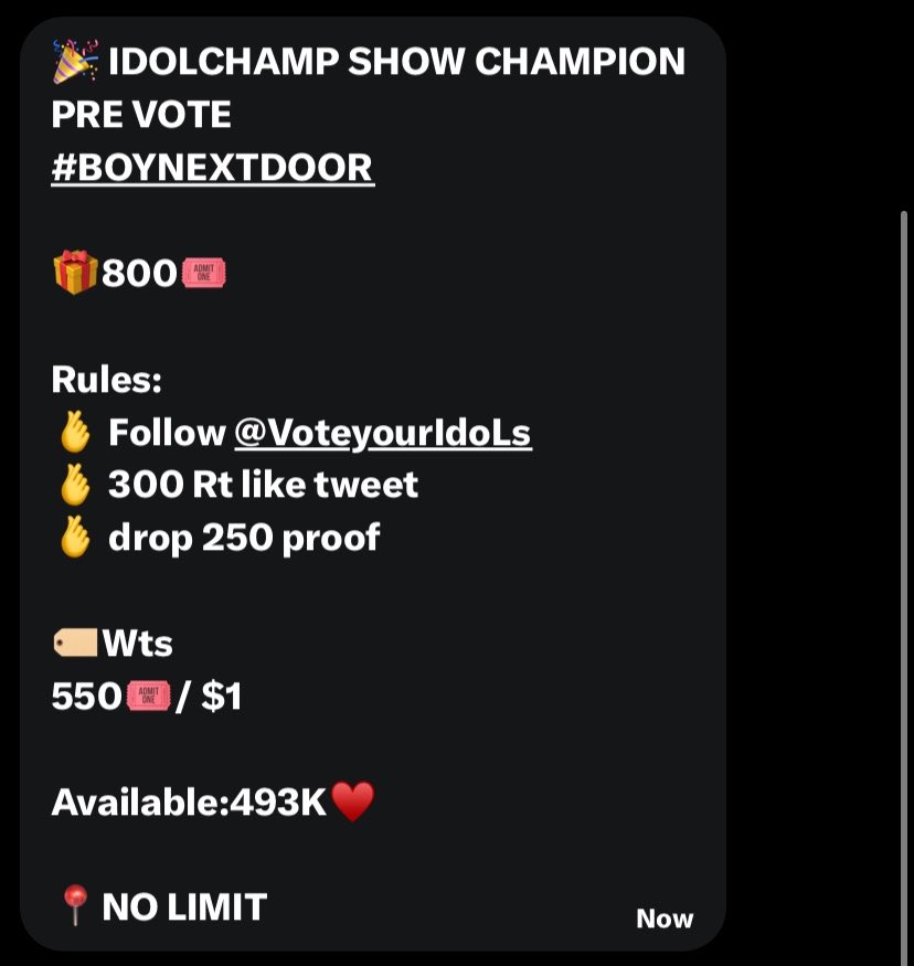 taesaniyooo's tweet photo. 🎉 IDOLCHAMP SHOW CHAMPION PRE VOTE
#BOYNEXTDOOR

🎁800🎟️

Rules:
🫰 Follow @VoteyourIdoLs 
🫰 300 Rt like tweet
🫰 drop 250 proof

🏷️Wts
550🎟️/ $1

Available:493K♥️

📍NO LIMIT https://t.co/wQNjOl0oV9