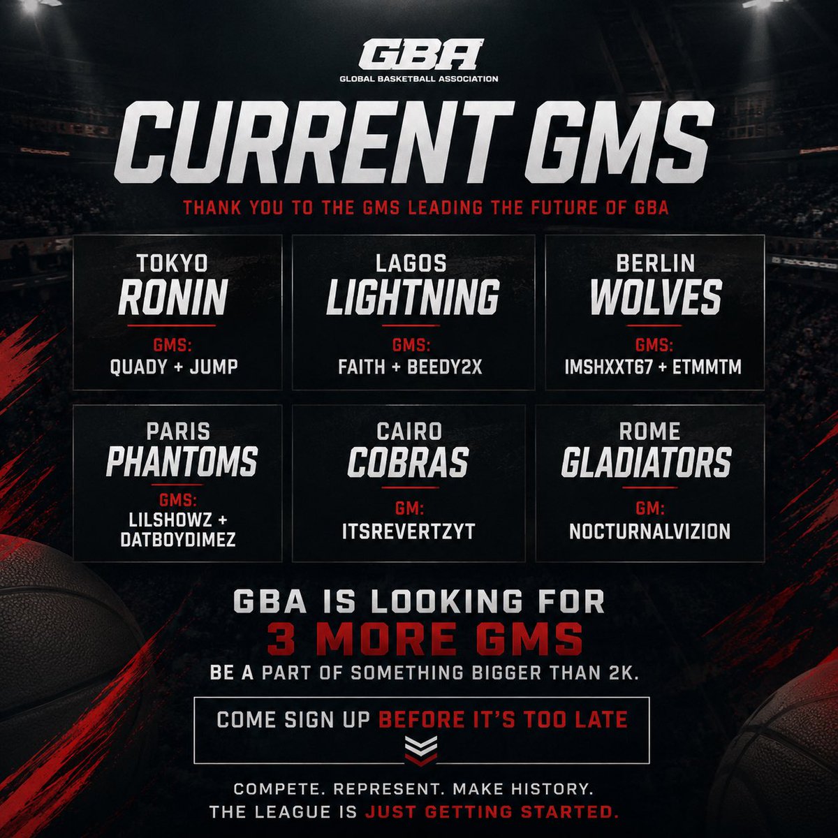 GBADraft2k's tweet photo. 🚨 GBA Season 1 GM List 🚨 

Tokyo Ronin: @Quady2k + vvJump
Lagos Lightning: @Beedy2x + Faith
Berlin Wolves: ImShxxt67 + Etmmtm
Paris Phantoms: @ShowzWRLD + @DatBoyDimez 
Cairo Cobras: itsRevertzYT
Rome Gladiators: NoctaGV

‼️ 3 GM SPOTS LEFT OPEN ‼️ 
SIGN UP BEFORE ITS TOO LATE https://t.co/bVNSwukDQe