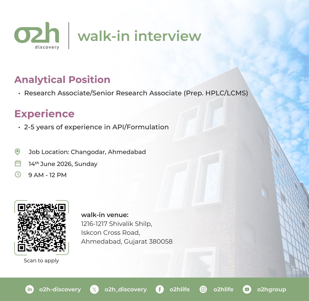 o2h_discovery's tweet photo. Walk-In Interview | 𝗥𝗲𝘀𝗲𝗮𝗿𝗰𝗵 𝗔𝘀𝘀𝗼𝗰𝗶𝗮𝘁𝗲 / 𝗦𝗲𝗻𝗶𝗼𝗿 𝗥𝗲𝘀𝗲𝗮𝗿𝗰𝗵 𝗔𝘀𝘀𝗼𝗰𝗶𝗮𝘁𝗲 (Prep. HPLC/LCMS). For details on specific positions, visit:- https://t.co/HEPx8Mtb8z
#o2hdiscovery #Hiring #WalkInInterview https://t.co/o7ZSrdmgxu