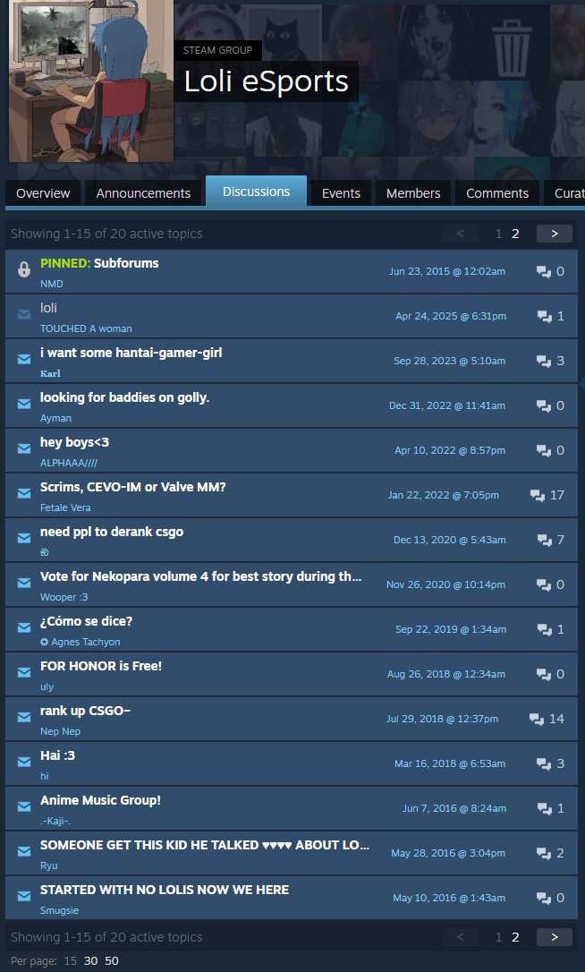 PWS_Comanche's tweet photo. @NemesisKodiak @ARCVR1 @KissMyStern Here's their forum threads... the "someone get this kid" thread is referring to a "kid" who "talked shit" about lolis, and they're exposing his IP address, and discussing DDOSING him. So uh yeah, a little bit of the group is indeed about CSGO... most of it is just degenerate shit https://t.co/wXj7jmq4Zv