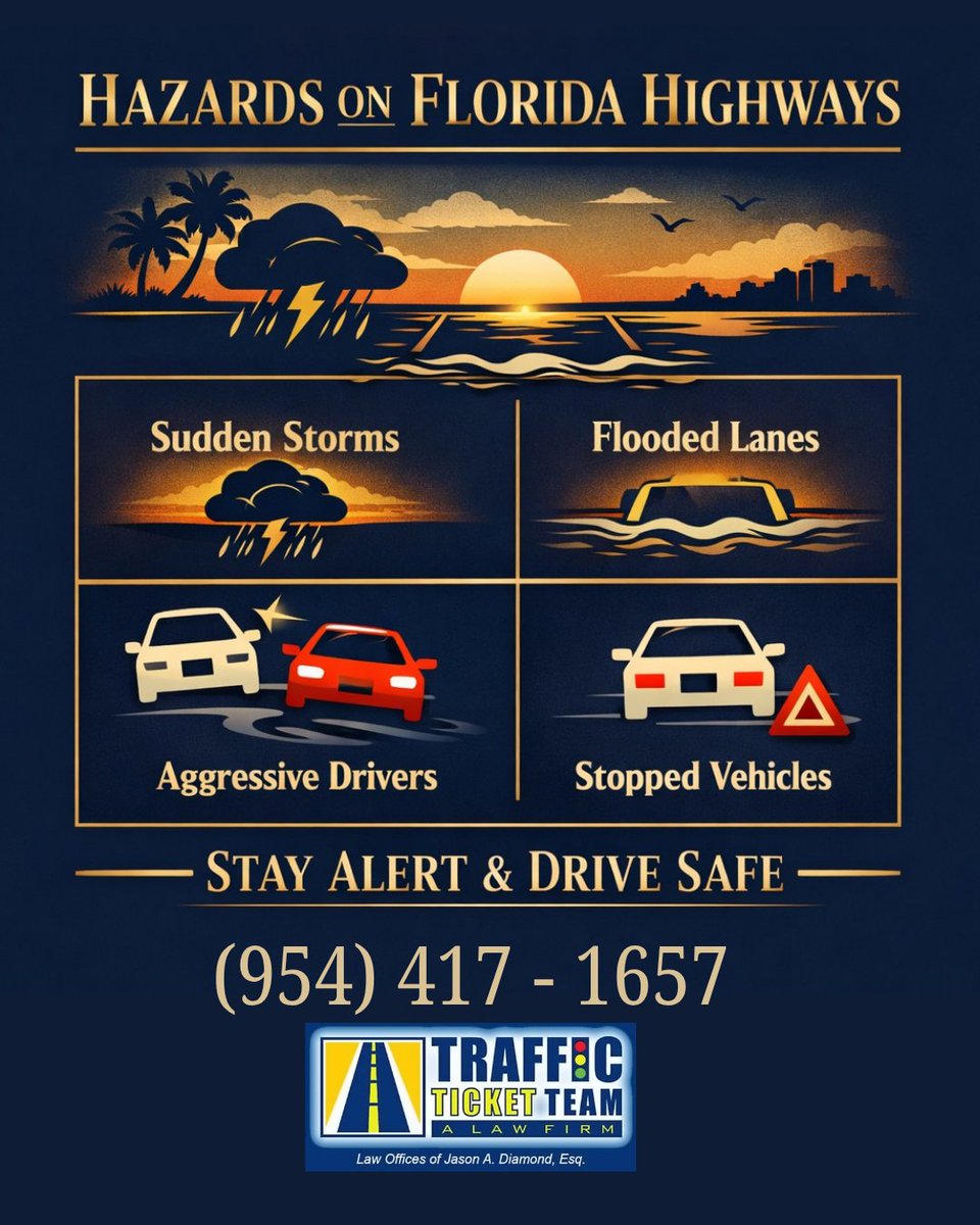 1ticketteam's tweet photo. Stay alert, Florida drivers.  
Even a quick trip down I‑95 or the Turnpike can turn risky. For any traffic violations or citations, contact the Traffic Ticket Team and Attorney Jason Diamond
📞 Call or text (954) 417‑1657 
#FloridaHighways #SafeDriving #StayAlert #DriveSmart https://t.co/RzfIcwviOI
