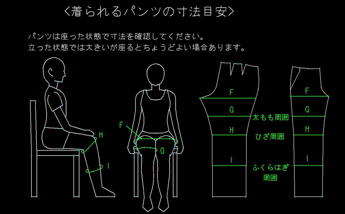 chocoradaio's tweet photo. パンツを作るときは、座った状態で寸法計るといいです。立ったままの寸法のまま作ると「椅子に座れない」パンツができます。作ったことあります。
（以前出した同人誌より） https://t.co/oGyYxZxXYZ