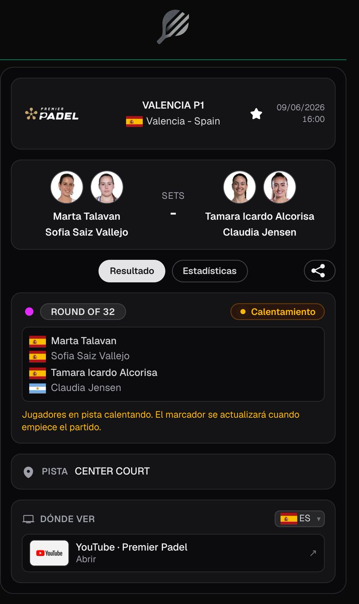 PadelscoreApp's tweet photo. 🔴 EN DIRECTO · LIVE

Marta Talavan / Sofia Saiz Vallejo vs Tamara Icardo Alcorisa / Claudia Jensen
🇪🇸 🏆 VALENCIA P1 · Round of 32

#Talavan #Saiz #ValenciaP1 https://t.co/VbXX1FVVb3