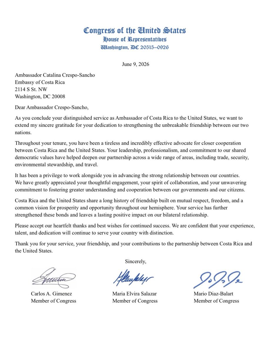 RepCarlos's tweet photo. Today, I joined my South Florida colleagues in thanking Ambassador Catalina Crespo-Sancho for her outstanding service as Costa Rica’s Ambassador to the United States. 

Costa Rica is one of America’s strongest partners in the Western Hemisphere, and Ambassador @CatalinaCRE has played a key role in strengthening our cooperation on trade, security, travel, and our shared democratic values. 

Wishing her continued success in her next chapter. 🇺🇸🇨🇷