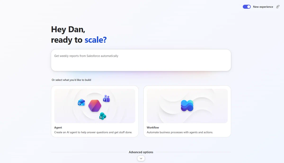 A user interface screen with a light blue background. Text reads, 'Hey Danny, ready to scale?' with options for 'Agent' and 'Workflow' featuring colorful icons representing each. An option to toggle 'New experience' is shown at the top.