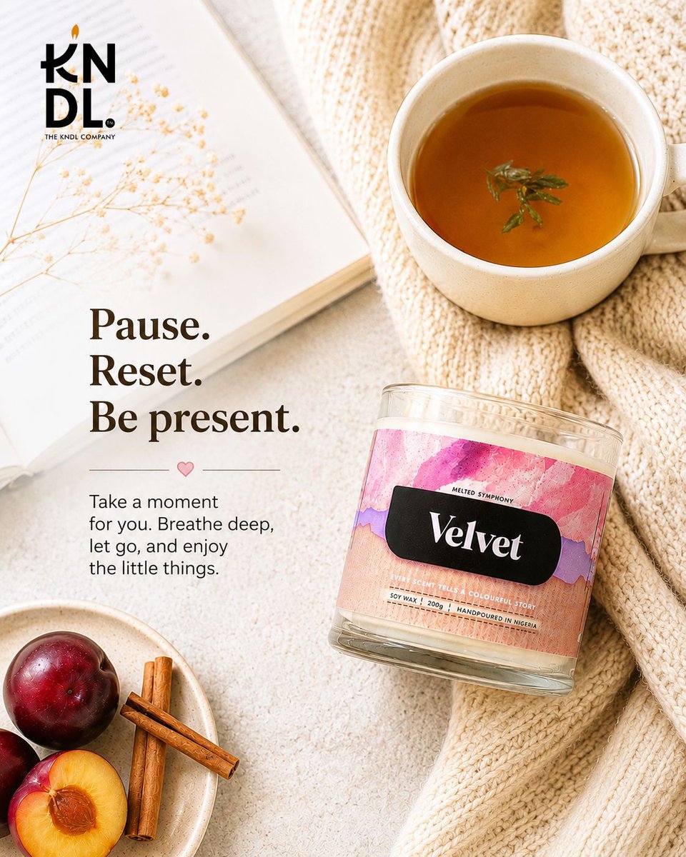 KndlCompany's tweet photo. Pause. Reset. Be present. 🕯️🫖

Velvet is your reminder to slow down, breathe, and actually enjoy the moment. Tea in hand, book nearby, candle lit, that's the reset your week needed.

₦35,000 (200g) | ₦45,000 (500g)

Shop via the link in bio or slide into our DMs. https://t.co/iZ78zkmauy