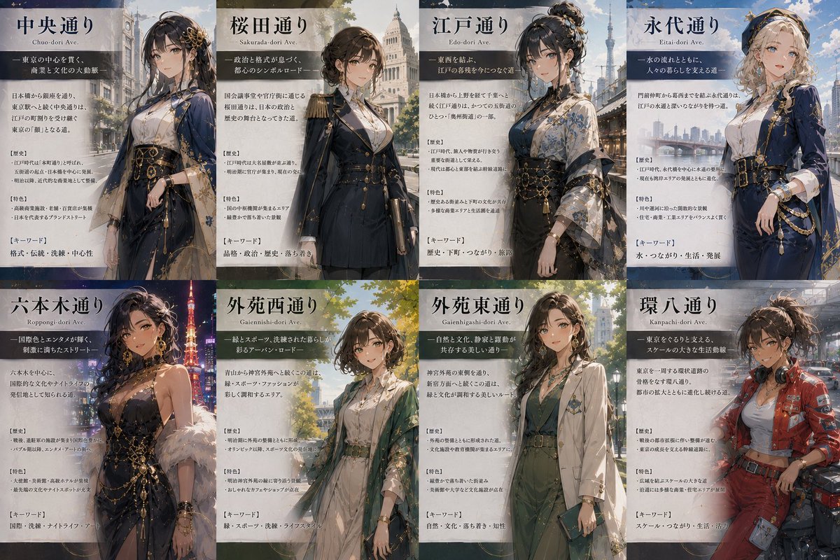 ma_tari_2525's tweet photo. 東京都内の主要幹線道路を、擬人化してAIで生成してみた。

中央通り、桜田通り、江戸通り、永代通り、六本木通り、外苑西通り、外苑東通り、環八通り編 https://t.co/FMMLdnLaDd