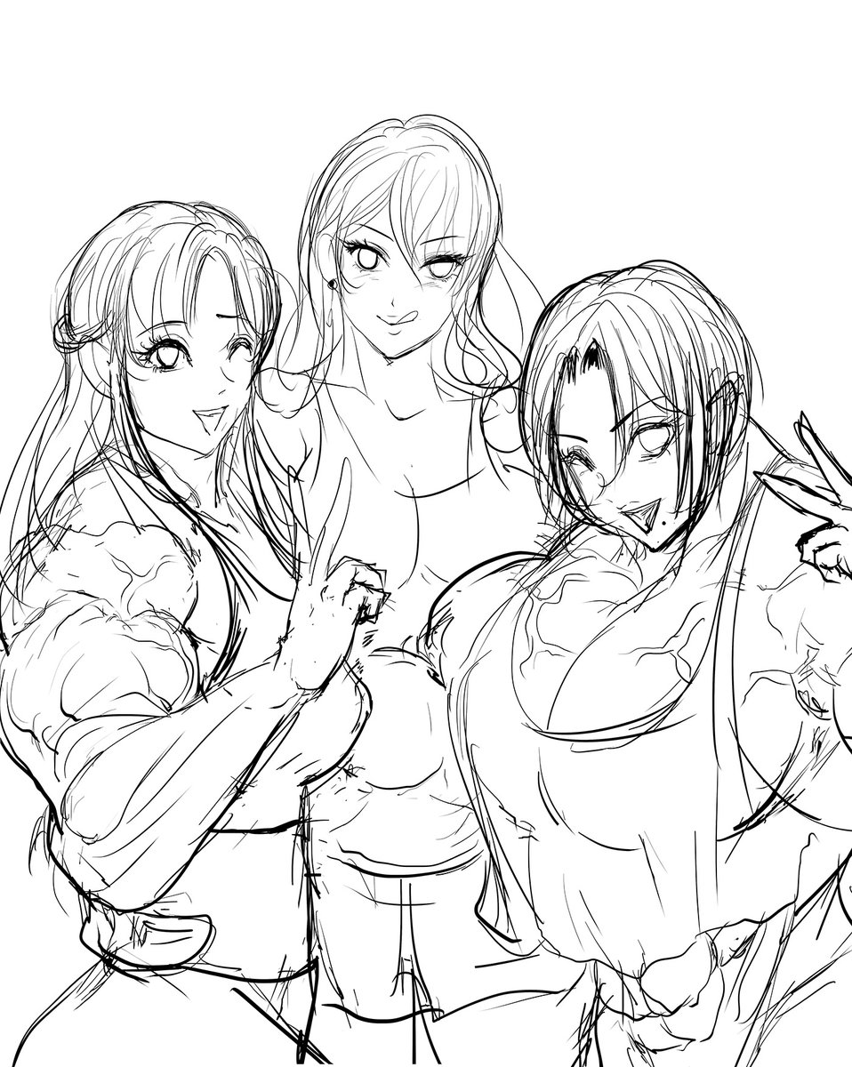 S20K00Y's tweet photo. 事務とジムのお姉さんの三姉妹ラフラフ
向かって左が主人公の有栖瑠果　向かって右が二人目の主人公の江梨本絵里
真ん中が瑠果の親友で筋肉フェチの超陽キャ浅川亜紀😊 https://t.co/USIU4OU1Vj