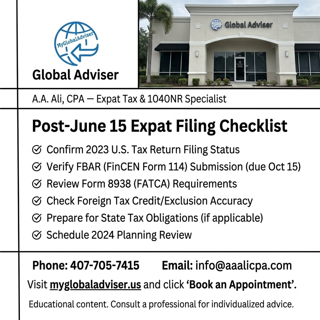 alla79242's tweet photo. After June 15, expat taxpayers should confirm extension status, payment records, and next IRS filing steps with Global Adviser at 407-705-7415 or info@aaalicpa.com. #myglobaladviser #taxseason #expattax #irstax #uscpa #taxfiling https://t.co/Emc0klEsTb