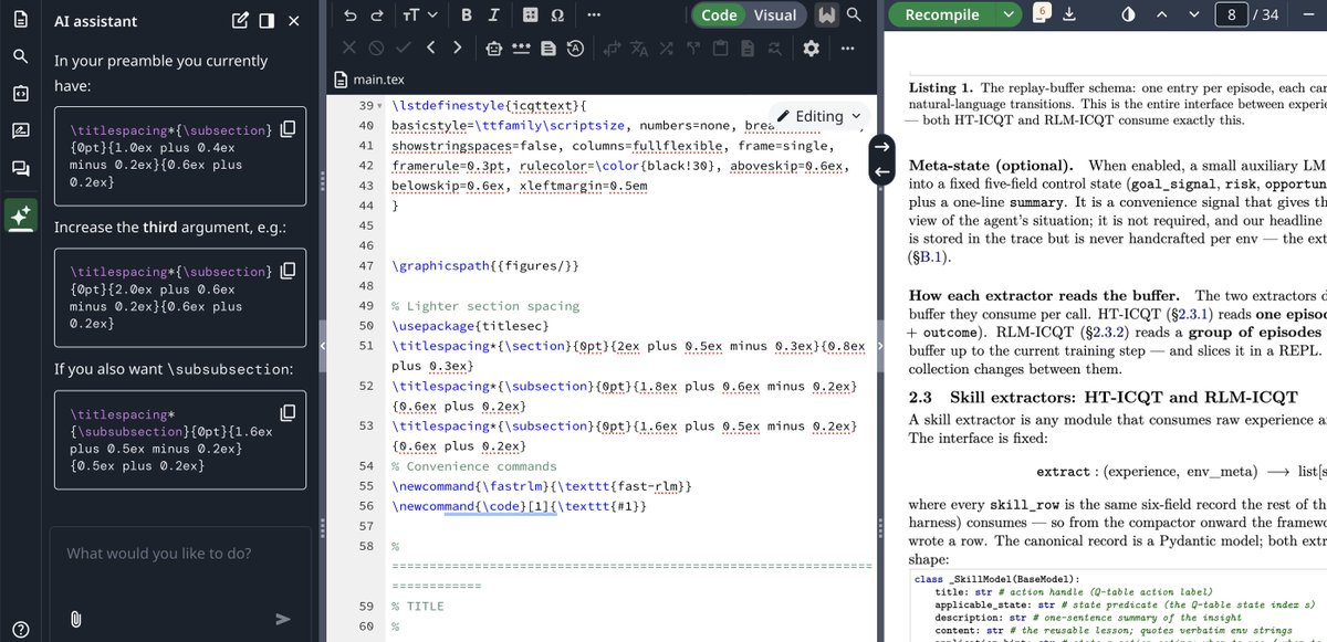 neural_avb's tweet photo. Been using the Overleaf AI Agent for latex editing the past few days... It's way more useful than I expected! 🙏🏼 https://t.co/qANNf64iE0