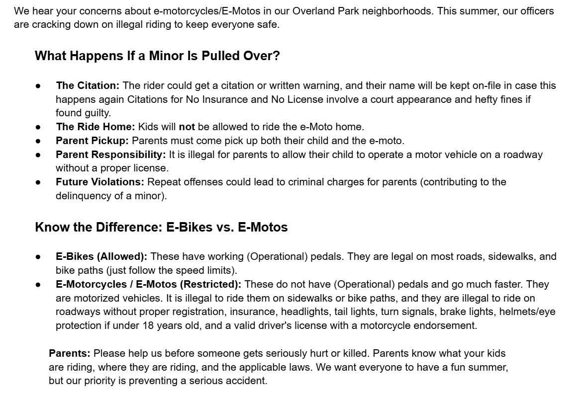 OverlandPark_PD's tweet photo. Overland Park Police: Important Update on E-Motorcycles AKA E-Motos https://t.co/YFG7Bt7U1z