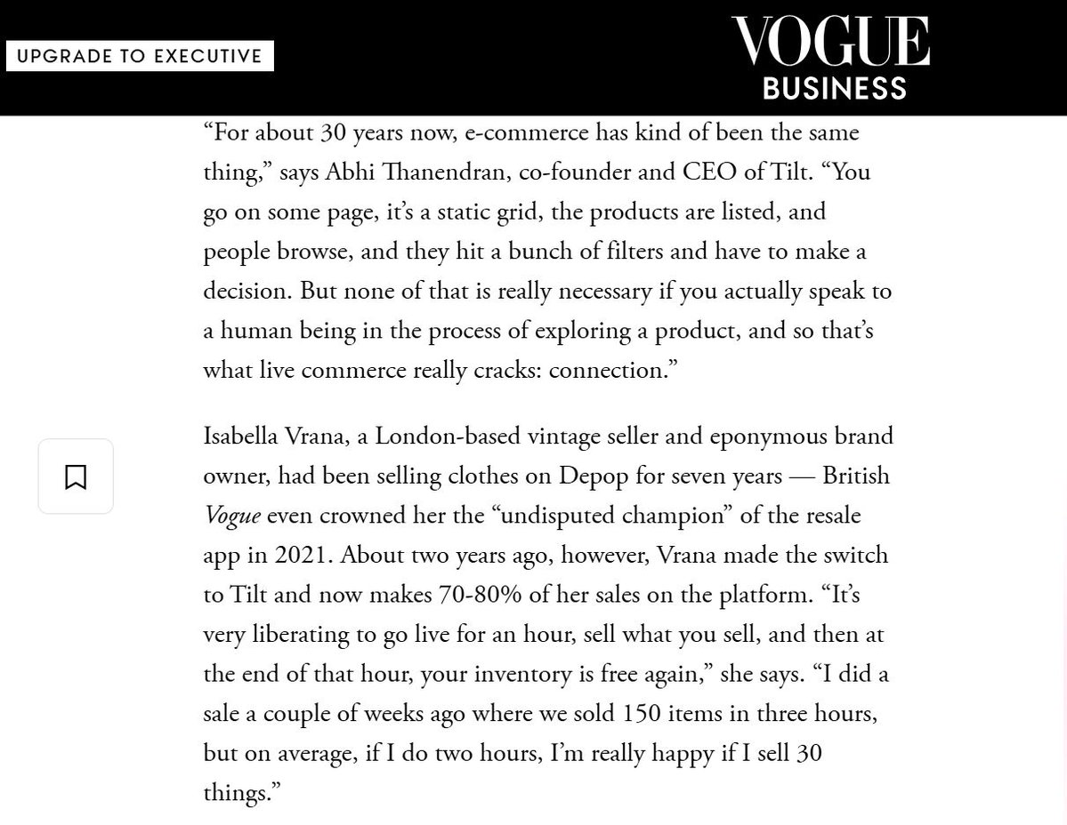 rhiannaa_d's tweet photo. 7 years on depop, now building her business on @trytilt.
Isabella Vrana, formerly British Vogue's "undisputed champion" of resale, in @voguebusiness on switching to live, alongside CEO @abhinavan_ on why the format works.
25k sellers and 70% week-on-week buyer return. consumer is back