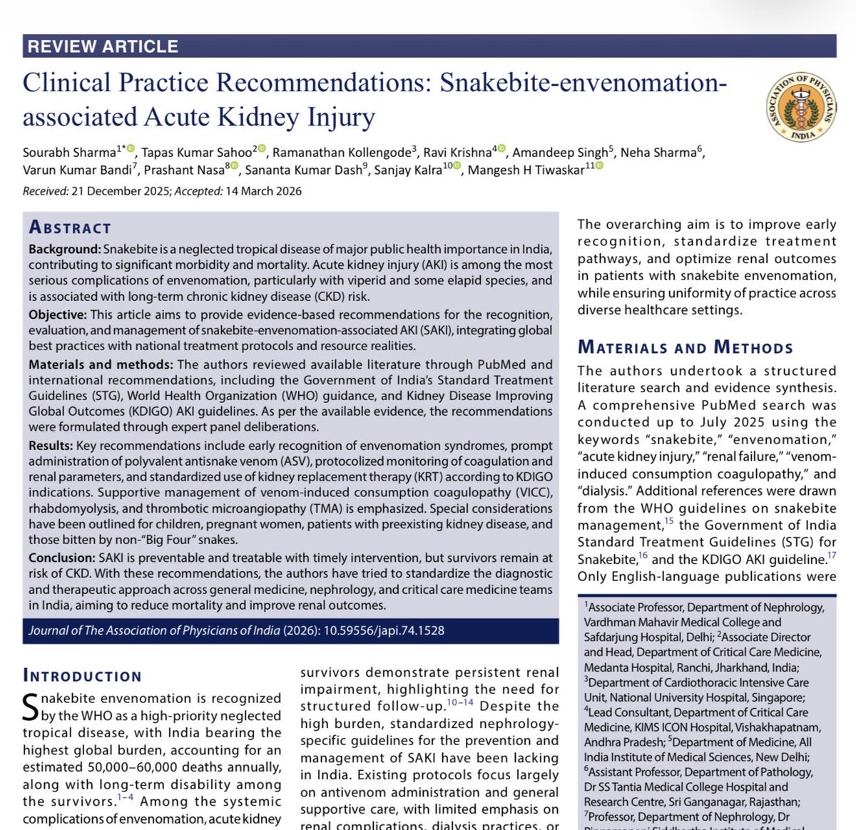 iamnephrologist's tweet photo. 🔥Snakebite envenomation associated AKI

🔆Need for standardised diagnostic &amp; therapeutic approach across general medicine, nephrology &amp; CCM teams

🔗 10.59556/japi.74.1528

#NephroNotes #NephPearls #FOAMEd #MedEd https://t.co/Vjnd2iZJnk
