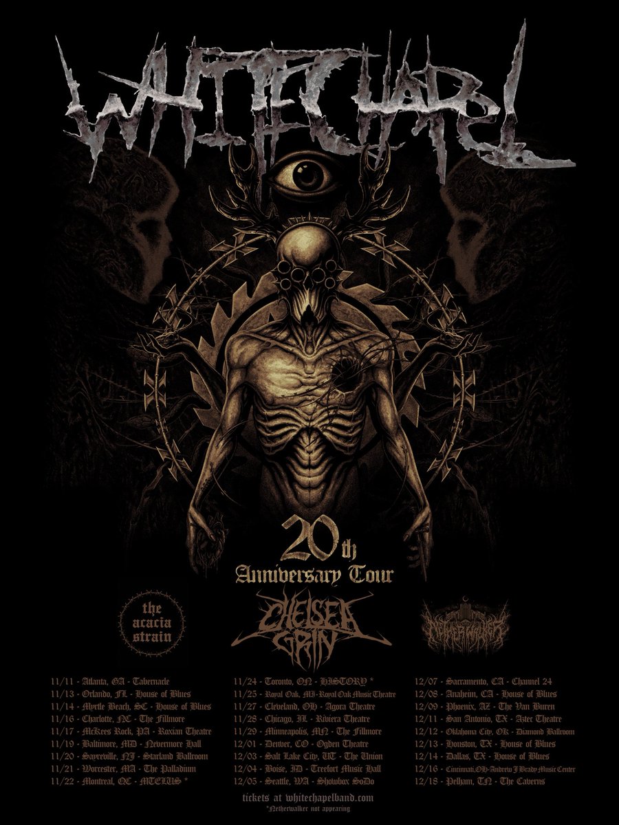 WhitechapelBand's tweet photo. We are excited to announce our 20th Anniversary Tour taking place this fall with @ChelseaGrinUT @theacaciastrain and Netherwalker

Presale starts at 2pm Local time TODAY!
SIGN UP FOR PRESALE+VIP ACCESS
https://t.co/ZdBRedgqDw https://t.co/kDvD0Q5NHz