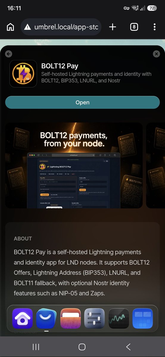 Alex71btc's tweet photo. 🚀 BOLT12 Pay is now officially available in the Umbrel App Store!
Self-hosted Lightning payments and identity for your own node:
⚡ BOLT12 Offers ⚡ Lightning Address (BIP353) ⚡ LNURL ⚡ Nostr identity
Huge thanks to the Umbrel team for the review process 🙏
#Bitcoin  #Umbrel https://t.co/apxj0vo2tz