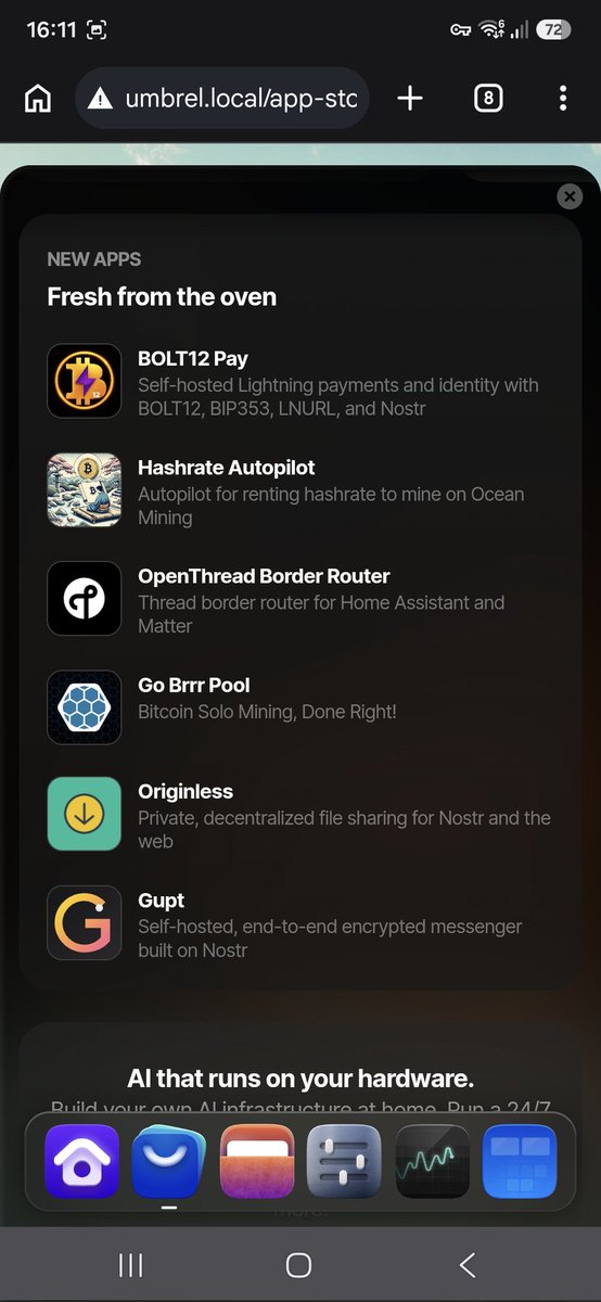 Alex71btc's tweet photo. 🚀 BOLT12 Pay is now officially available in the Umbrel App Store!
Self-hosted Lightning payments and identity for your own node:
⚡ BOLT12 Offers ⚡ Lightning Address (BIP353) ⚡ LNURL ⚡ Nostr identity
Huge thanks to the Umbrel team for the review process 🙏
#Bitcoin  #Umbrel https://t.co/apxj0vo2tz