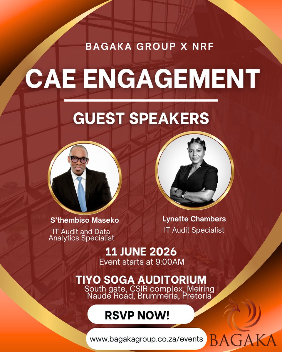 BagakaG's tweet photo. Our guest speakers for our Chief Audit Executive Engagement event, the "Tech sessions: Technology, and AI in Audit Efficiency &amp; Effectiveness" Panel:
• Lynette Chambers, IT Audit Specialist,
• S'thembiso Maseko, IT Audit and Data Analytics Specialist

#BagakaCAEevent #NRF https://t.co/Egwy1iDyQZ