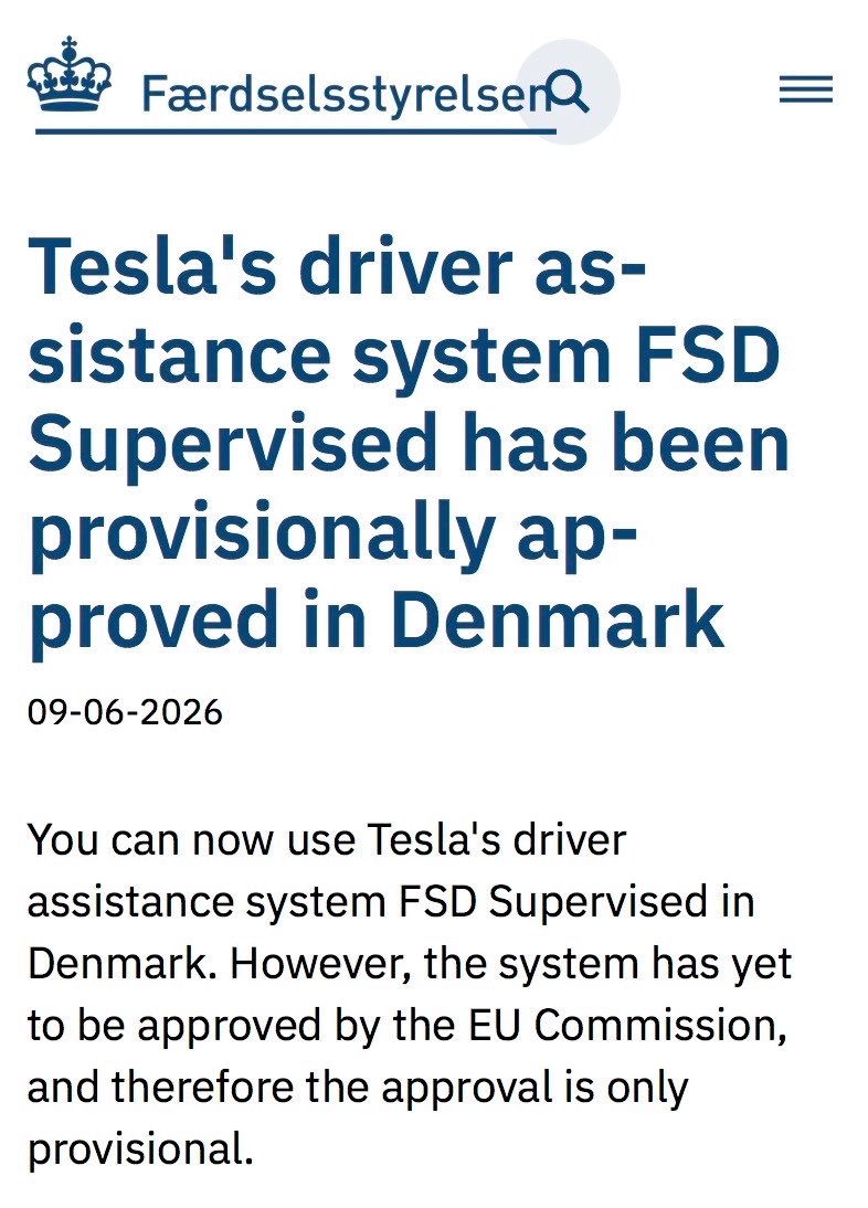 philipengberg's tweet photo. BREAKING: @Tesla FSD Supervised approved in DENMARK 🇩🇰🥳🤩🤖

Link to authorities: https://t.co/oCt3z6ztHd https://t.co/a1u3o87DQj
