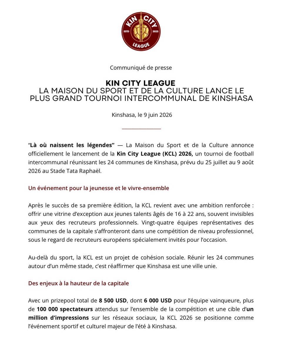 KinCityLeague's tweet photo. La Maison du Sport et de la Culture (MSC) lance officiellement la Kin City League 2026 lors de sa conférence de presse.

Pour rappel, la KCL réunira les 24 communes de Kinshasa du 25 juillet au 9 août au Stade Tata Raphaël.

#KinCityLeague #KCL #Kinshasa #RDC #Football https://t.co/8fmTtOjiFY