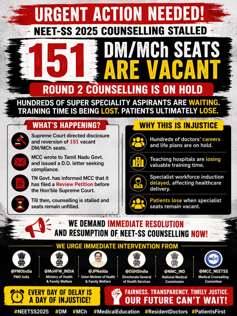 DrSamBhatt_'s tweet photo. 1 blocked NEET SS seat=countless patients waiting.
NEET SS counselling has already been delayed enough. We urge the Tamil Nadu Government to withdraw the review petition and facilitate immediate resumption of MCC counselling.
@CMOTamilnadu  @MoHFW_INDIA @NMC_IND 

#NEETSS2025 https://t.co/7vizD6Romh