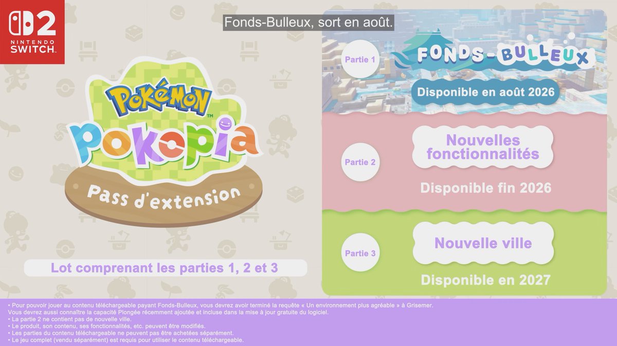 NintendoActu's tweet photo. Le Pass d'extension payant de Pokémon Pokopia sera disponible à l'achat dès aujourd'hui ! La partie 1, Fonds-Bulleux, sera disponible en août. #NintendoDirect https://t.co/v1WFAs8CtC