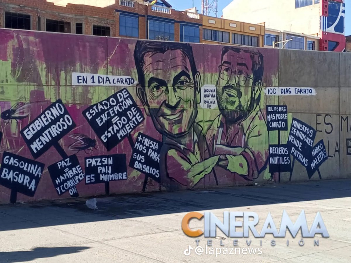 ShakifansAde's tweet photo. Un mural realizado por jóvenes de La Paz Bolivia dedicado al gobierno de Rodrigo Paz y su jefe Trump en estos días de conflicto. El pueblo pide su renuncia al gobierno de Bolivia. #bolivia #june #year2026 #eeuu https://t.co/yXUOZZ6SDf