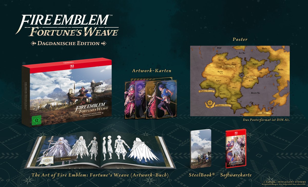 NintendoDE's tweet photo. #FireEmblem Fortune's Weave – Dagdanische Edition – eine spezielle Ausgabe, die das Spiel und eine Reihe von Zusatzartikeln beinhaltet – wird am 17. September erhältlich sein. https://t.co/YJ1I971IfO