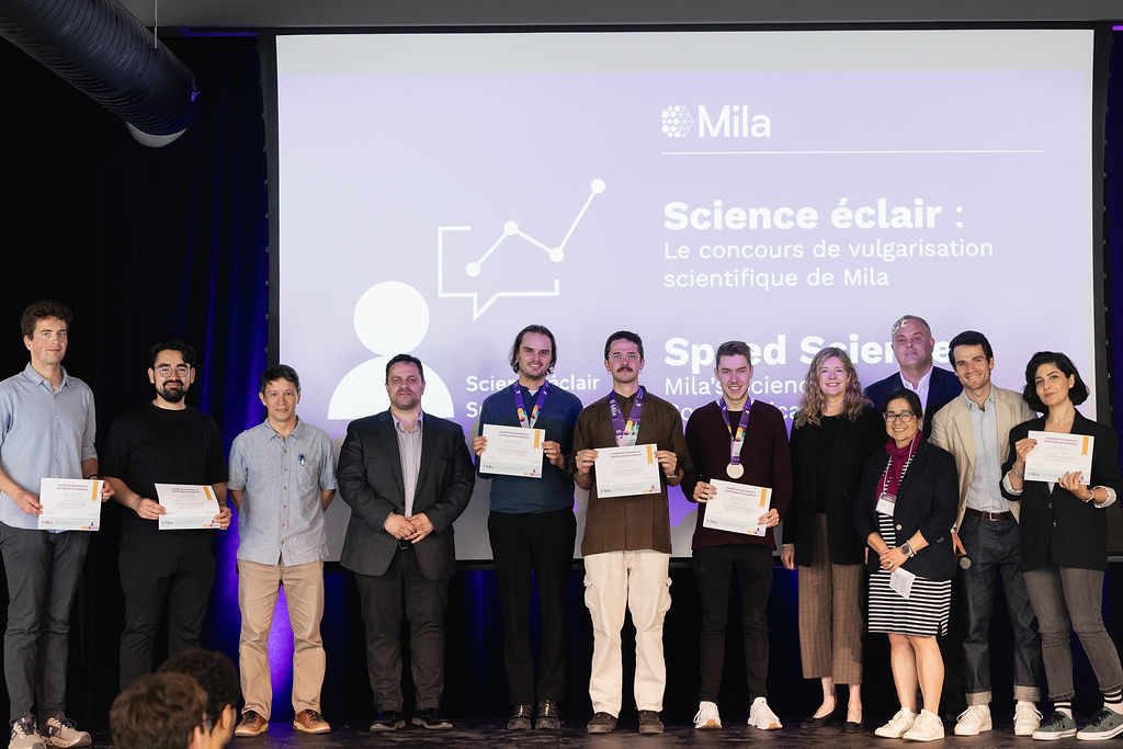 Mila_Quebec's tweet photo. Jeudi dernier, 8 étudiant·e·s chercheur·euse·s de Mila ont relevé un défi de taille lors de la 4e édition du concours de vulgarisation scientifique de Mila Science éclair : présenter leurs travaux de recherche de façon captivante, originale et efficace en seulement trois minutes chrono. ⏱️ Félicitations aux gagnants pour leurs présentations remarquables! Un grand merci à tous·tes les participant·e·s pour leur audace, aux membres de notre jury pour leur expertise, ainsi qu'à nos précieux commanditaires pour leur soutien indispensable.