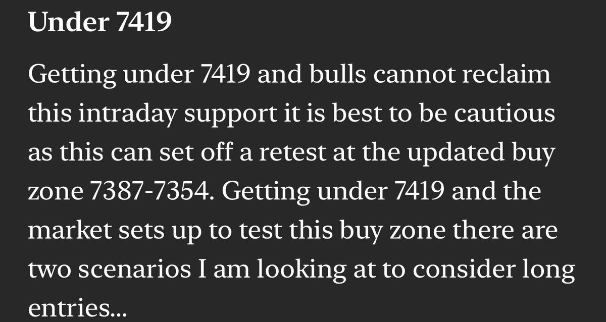 trader_izzy's tweet photo. $ES_F The plan set out last night was set on watching this support area; 7429-19. 

Bulls reclaimed triggering long entry and crossing off the 3 main targets

💡7419-29 remains support to watch, holding keeps market trapped within 7419-7476

🚨Under 7419 avoid longs $SPY $SPY https://t.co/JcPtIHVssT