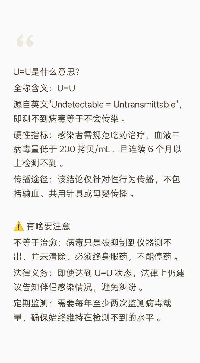 daiyun2011's tweet photo. U=U是什么意思？U=U 源自英文"Undetectable = Untransmittable"，即测不到病毒等于不会传染 。

‌硬性指标‌：感染者需规范吃药治疗，血液中病毒量低于 200 拷贝/mL，且连续 6 个月以上检测不到 。

‌传播途径‌：该结论仅针对‌性行为传播‌，不包括输血、共用针具或母婴传播 。‌‌‌ https://t.co/c8cJv1rbmN