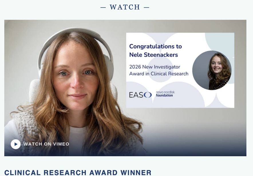 EasoPresident's tweet photo. Interview with @NeleSteenackers

Nele Steenackers, recipient of the EASO-@novonordiskfond New Investigator Award in Clinical Research, discusses her research and what receiving the award means to her.

Watch here: https://t.co/ixKdgvZVDx

#ECO2026 https://t.co/TCEtctQRgY