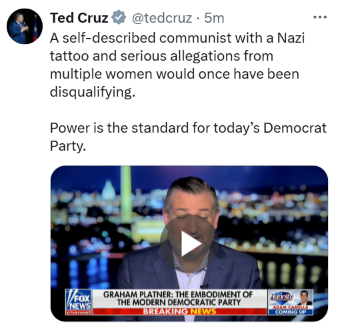 4HumanUnity's tweet photo. Funny coming from you Ted, Ken Paxton’s got felony indictments, an impeachment, ethics complaints, and a mountain of corruption, but somehow that doesn’t count when it’s a Republican.

Power is the only standard in your corrupt party, not morality. Sit down, you hypocrite. https://t.co/YQ17RFUJcW