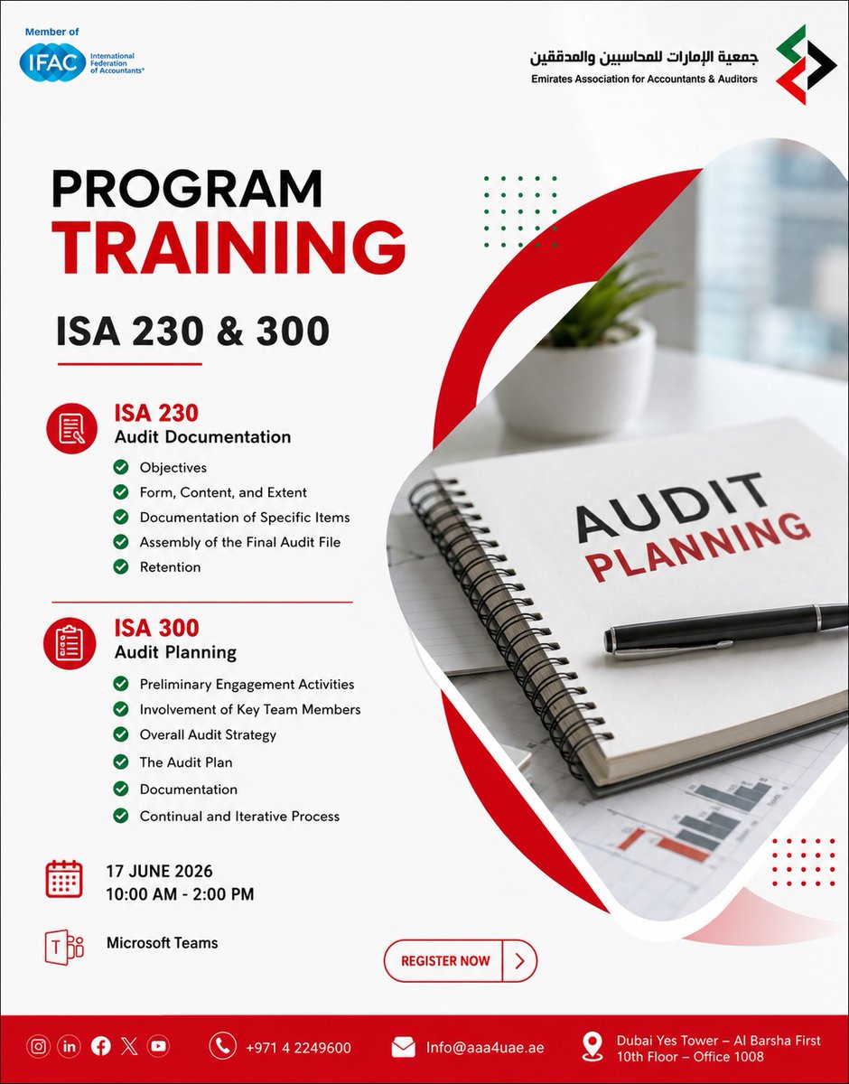 AccountantsUAE's tweet photo. Register Now for Our Training Program: 📢 

📌 ISA 230 & 300 – Audit Documentation & Audit Planning 

🔗 Register via our portal: https://t.co/v0GeNDgm1D 

🔹 Direct Registration Link:  https://t.co/gGRWUHzmkK 

📌 Topics of the training course: 

ISA 230 – Objectives, Form, Content and Extent of Audit Documentation 

Documentation of Specific Items 

Assembly of the Final Audit File and Retention 

ISA 300 – Preliminary Engagement Activities 

Involvement of Key Team Members 

Overall Audit Strategy, The Audit Plan, and Continual Iterative Process 

#EAAA #ISA230 #ISA300 #Audit #AuditPlanning