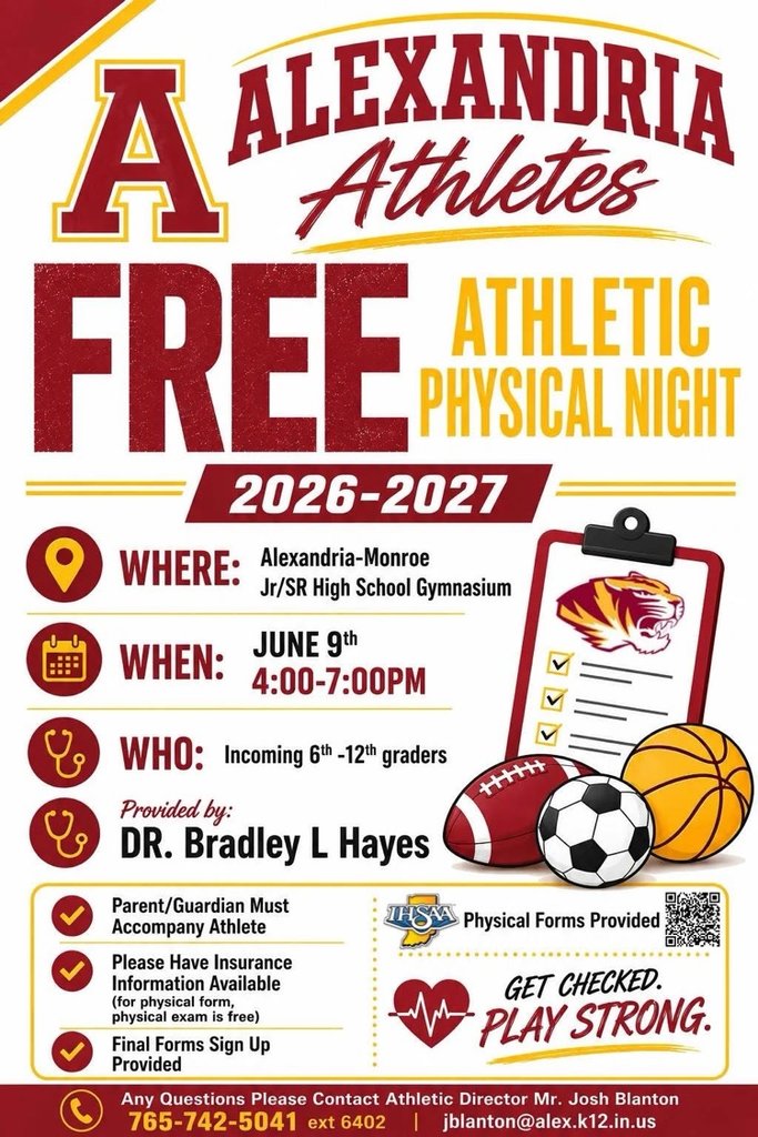 Alexandria_CSC's tweet photo. There will be free athletic physicals tonight, 4PM-7PM, at the high school. This is open is any Alexandria student who will be 6th - 12th graders this fall. https://t.co/HdLUqqbOPc