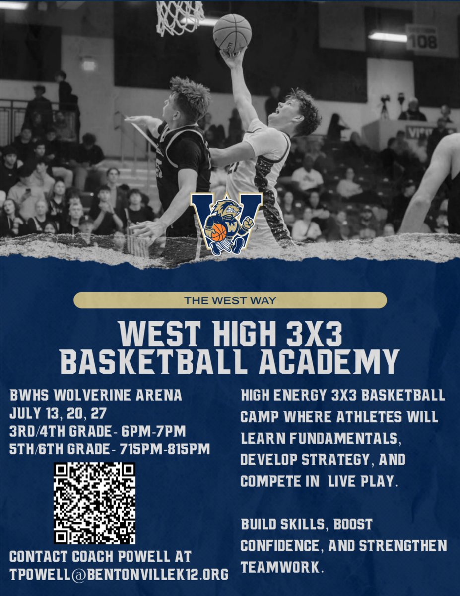 BWHS_Hoops's tweet photo. The 4th Annual West High 3x3 Academy registration is now open!  Come join us in July! #theWESTway https://t.co/7PAzWkACD3