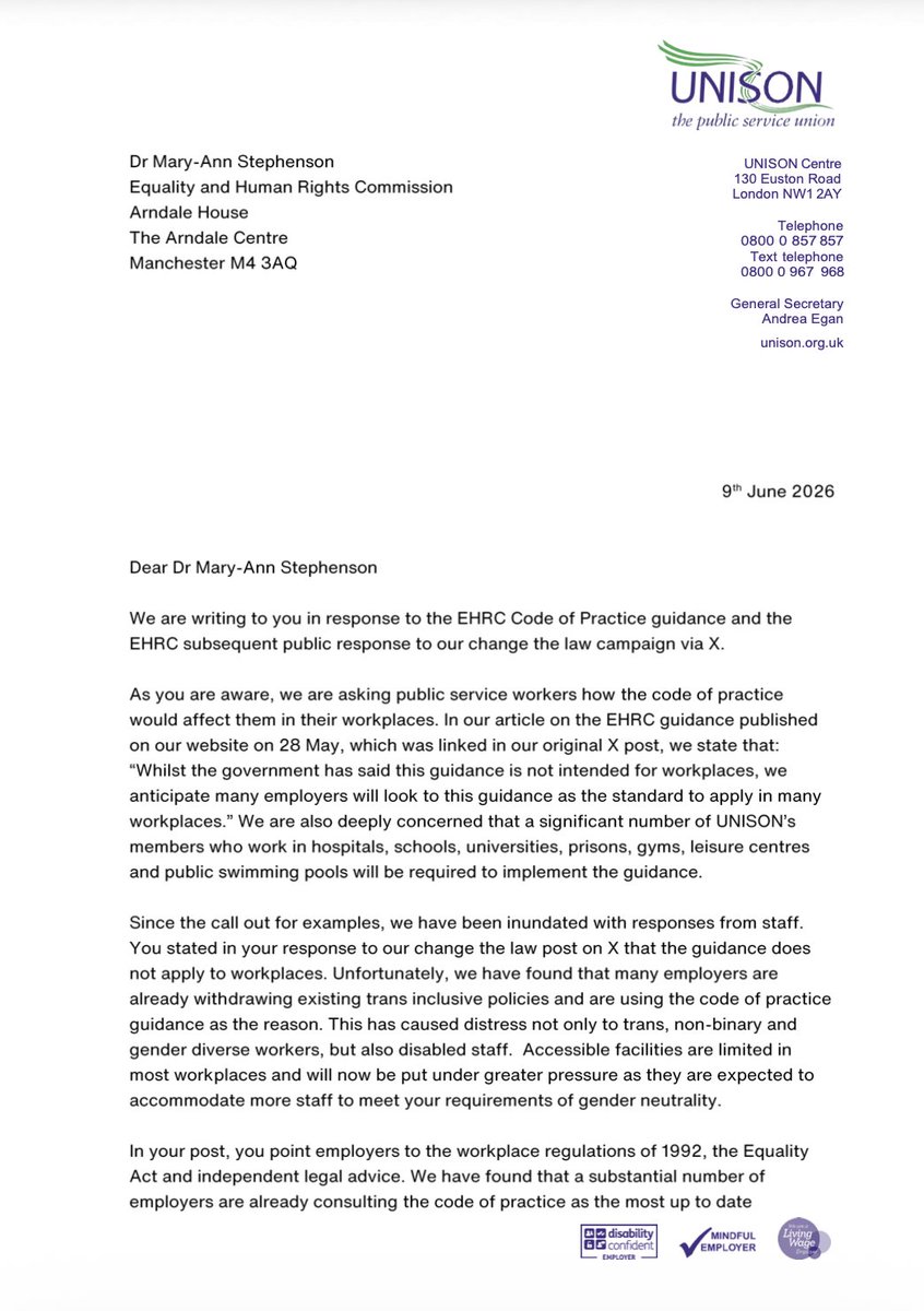 unisontheunion's tweet photo. Today, @AndreaEganGS  has written to @EHRC Chair Dr Mary-Ann Stephenson challenging their statement,  giving examples from our members where employers are withdrawing trans inclusive policies and using the code of practice guidance as the reason.

Read: https://t.co/84NfUNftKS https://t.co/nwhTtC7IIa