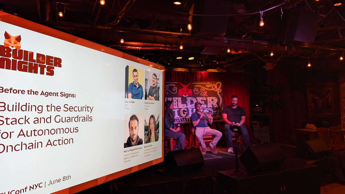 pappas9999's tweet photo. Another great Builder Nights event put together by @MetaMask, @francescoswiss & team. Consistently one of the highest-quality events in crypto, with thoughtful curation & discussions that go beyond the usual talking points. This time the focus was all about agents. 🤖

Enjoyed joining @GuyItz and @sodofi_ on stage to discuss building the security stack & guardrails for autonomous onchain actions. We covered things like what defines the security stack, how guardrails can actually enable more autonomy, where privacy & confidentiality fits in, & where we see the future going.