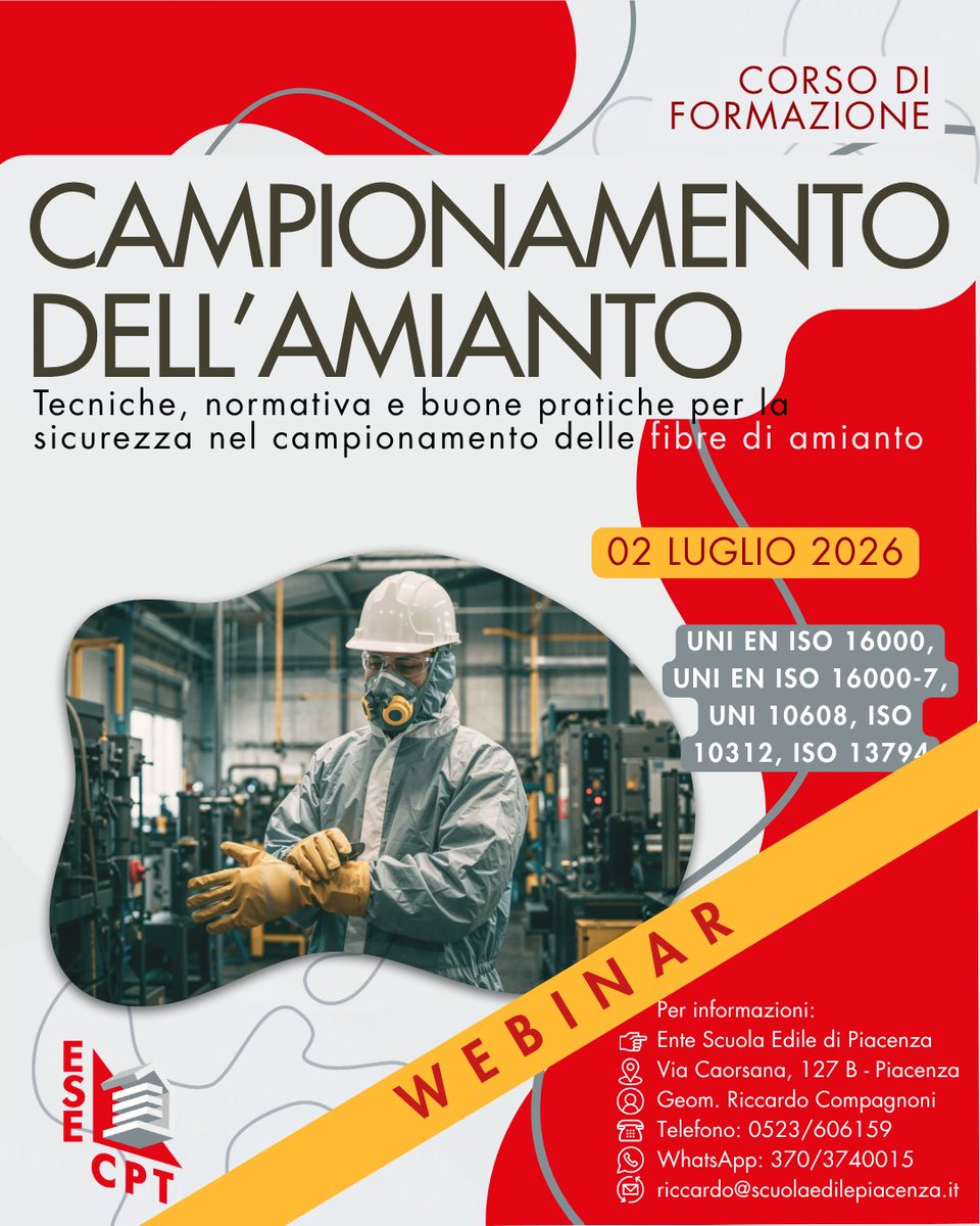 EnteScuolaEdile's tweet photo. 📌 CORSO WEBINAR DI FORMAZIONE CAMPIONAMENTO DELL'AMIANTO
Tecniche, normativa e buone pratiche per la sicurezza nel campionamento delle fibre di amianto

👷 Tecnici che effettuano campionamenti di fibre di amianto in aria e materiali.

📆 2 LUGLIO 2026 - 4 ore
⌛ 14:00 - 18:00 https://t.co/gyVKrb4fUf