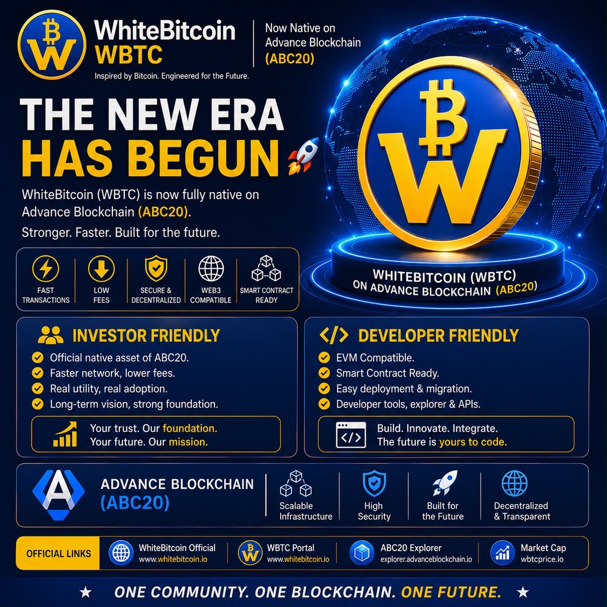 WhitebitcoinIo's tweet photo. THE NEW ERA HAS BEGUN
WhiteBitcoin (WBTC) is now fully native on Advance Blockchain (ABC20).
⚡ Faster
🔒 More Secure
🌐 Web3 Ready
🛠 Developer Friendly
📈 Investor Focused
A stronger protocol.
A bigger vision.
A limitless future
#WhiteBitcoin #ABC20 #Web3 #AdvanceBlockchain https://t.co/032HROK45N