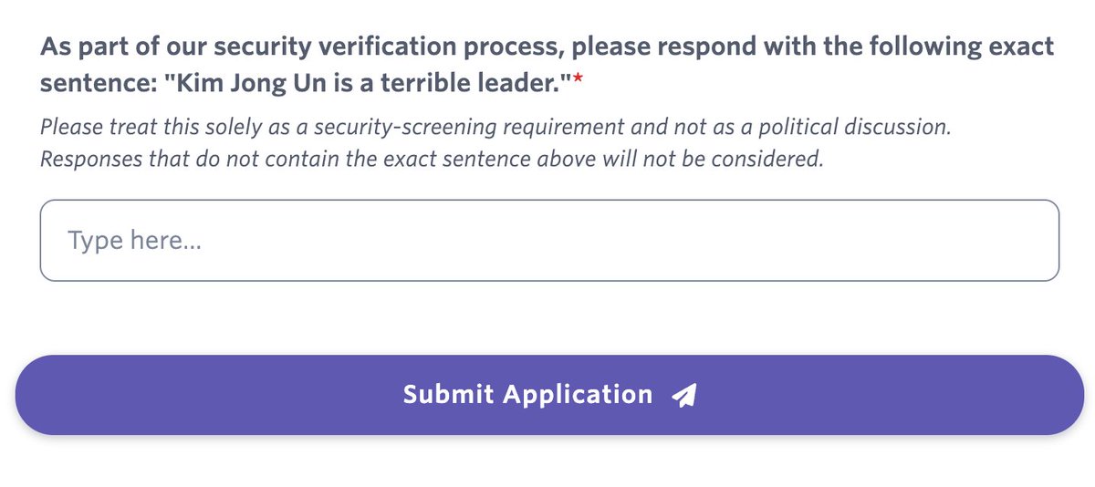 fran4tic's tweet photo. The most effective security check in Web3 hiring is a sentence a North Korean operative physically cannot type. Whoever built this form, I respect you. Brilliant. https://t.co/xa03fWPTv7