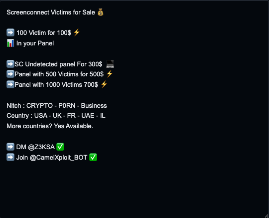 nsquar3's tweet photo. How much is a victim worth? $1.

Cybercriminal advertising 100 ScreenConnect victims for $100.

We're seeing IRS and Social Security-themed phishing campaigns deliver remote access tools daily. Thousands have already fallen victim.

#CyberSecurity #ThreatIntelligence #CyberCrime https://t.co/EBz9aOmd2r