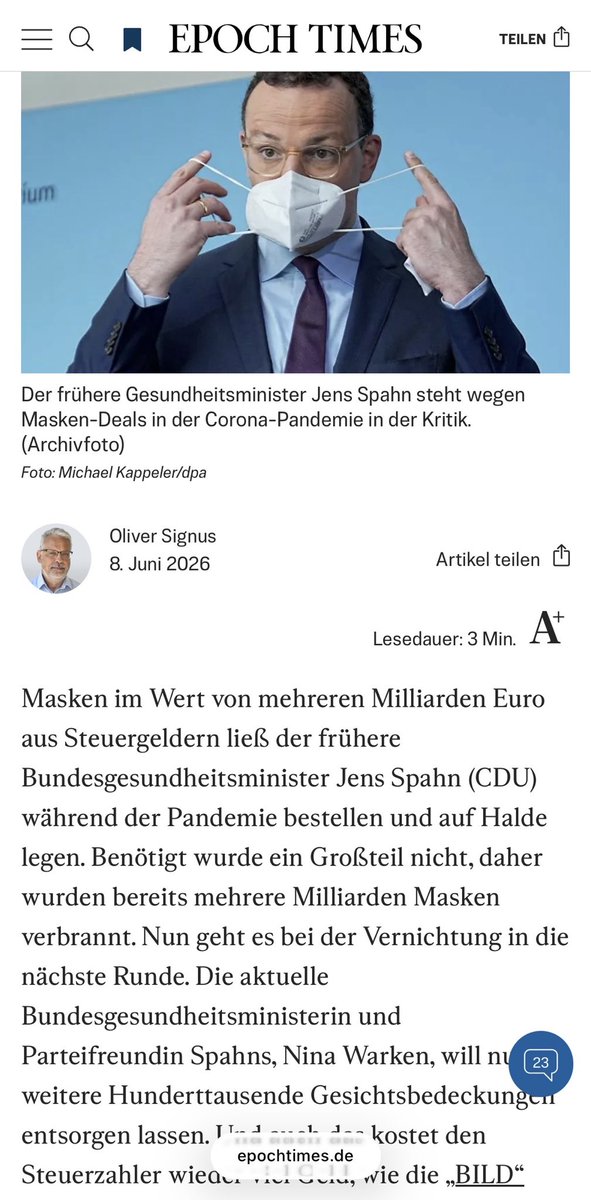SaschaUlbrich's tweet photo. Mehrere Milliarden Euro #Masken wurden bereits vernichtet (verbrannt). 

Hat ja alles nichts gekostet…
Nur dem Steuerzahler. 

Und der ein oder andere Politiker hat fette Provisionen kassiert 🤗 https://t.co/Jup6TxdN2g