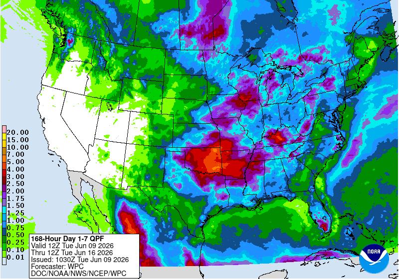 US_Commodities's tweet photo. A wet week ahead 🌧️. Heaviest rains hit OK–AR–N TX, with widespread moisture across the Midwest 🌽. Lighter totals out West. Good for crop development but could slow fieldwork in the wettest zones. #AgWeather #CropUpdate https://t.co/7EJtSiLA2c