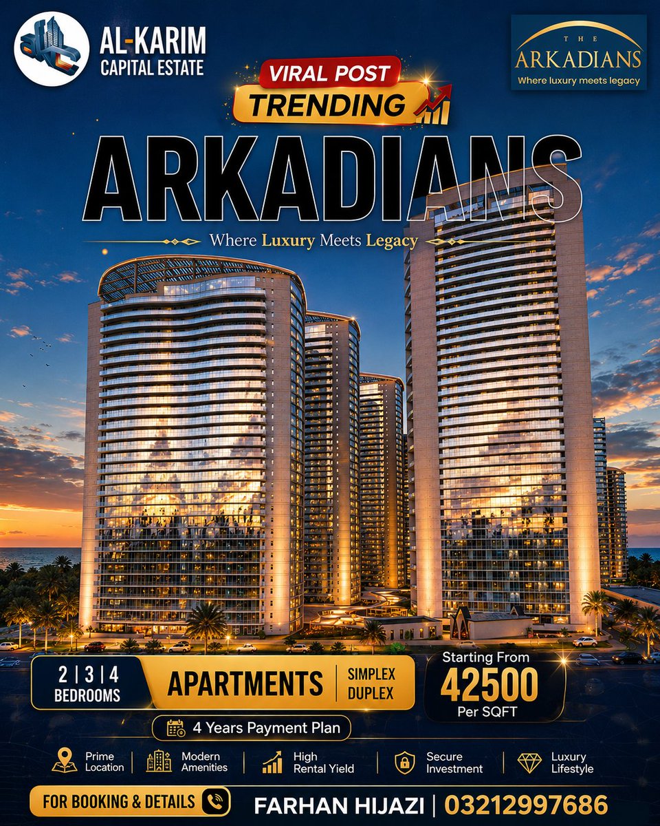 farhanagc's tweet photo. The ultimate power move for your investment portfolio. 📈
​The Arkadians offers ultra-luxury 2, 3 &amp; 4 BHK Simplex &amp; Duplex apartments featuring high rental yields, premium security, and modern amenities.
​🔒 Secure yours via an exclusive 4-Year Payment Plan (Starting from https://t.co/iCR1hhJJR3