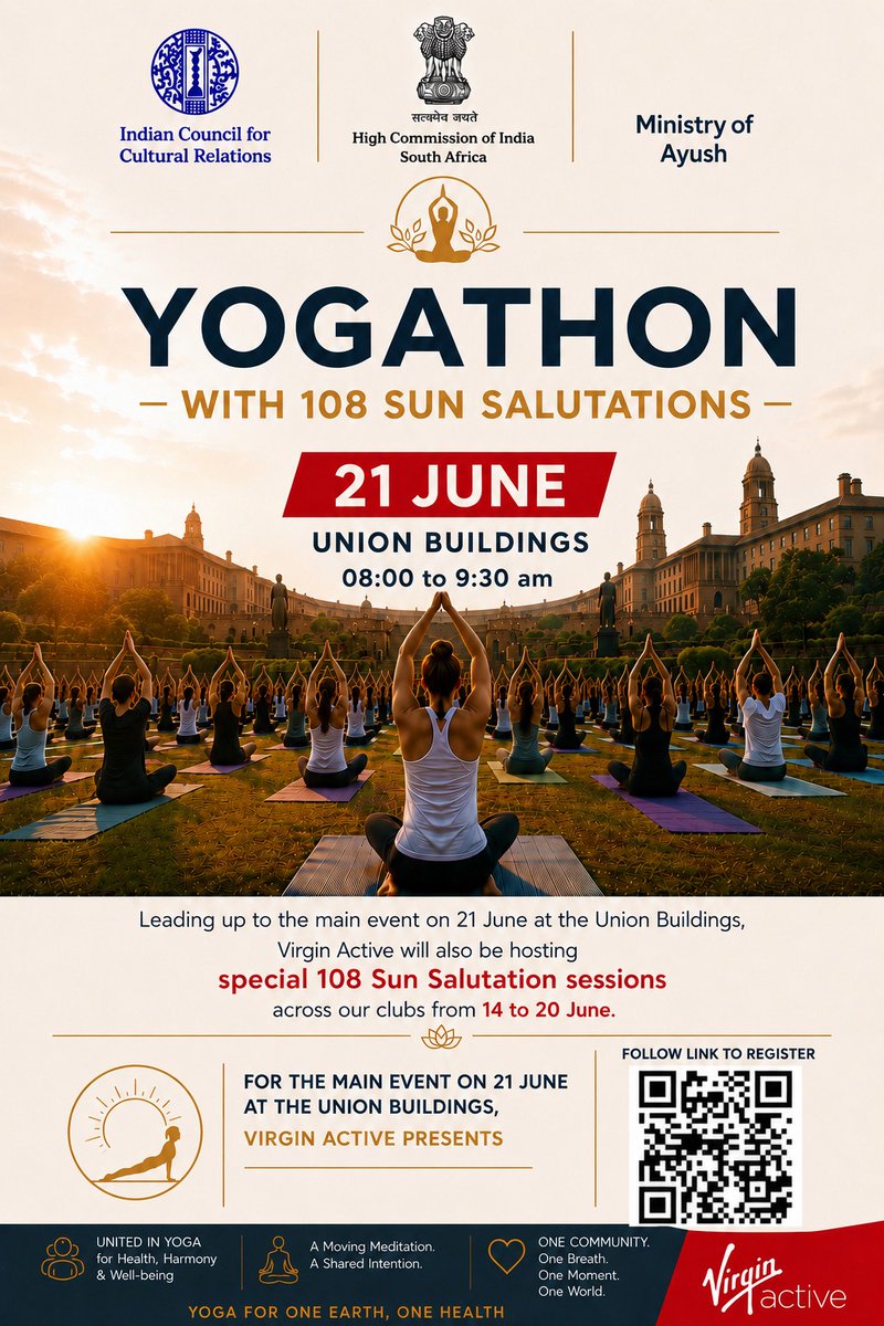 hci_pretoria's tweet photo. High Commission of India in collaboration with Virgin Active pressnts a special 108 Suryanamaskar session on 21 June 2026 from 8 am to 9.30 am. Please register in advance.
🔗: https://t.co/RtJHvcipBX

#IDY2026 #YogaForHealthyAgeing #YogaDay #Yoga #Mindfulness #Wellbeing #HolisticHealth #InternationalDayOfYoga #InternationalDayOfYoga2026

@MEAIndia
@IndianDiplomacy
@mygovindia
@DrSJaishankar 
@DDNewslive
@PIB_India
@MIB_India
@diaspora_india
@iccr_hq
@MinOfCultureGoI
@moayush
@PMOIndia